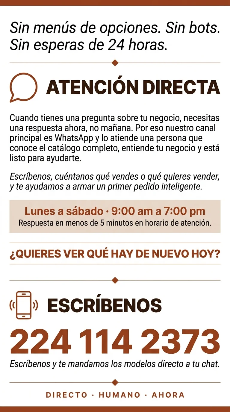 Información de contacto y atención al cliente para resolver dudas sobre pedidos y catálogo.